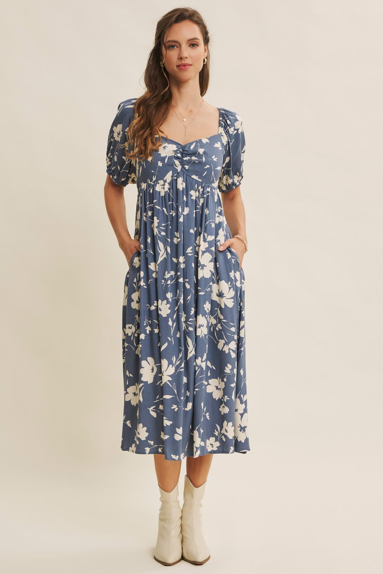 Vintage Denim Flowy Sweetheart Neck Midi Dress