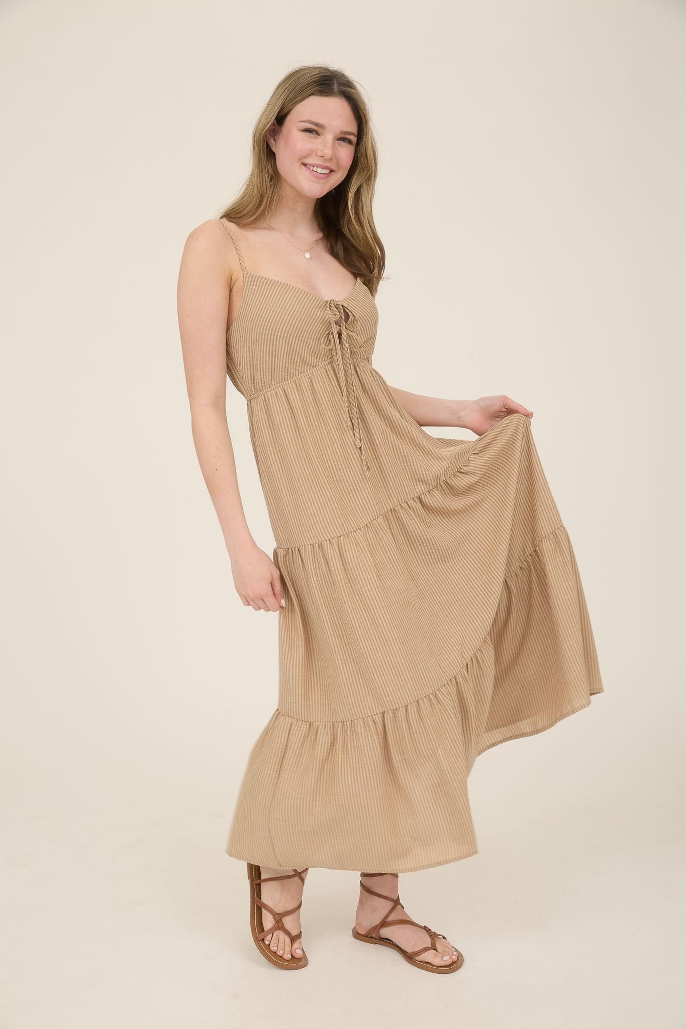 Striped Front Tie Tiered Midi Sundress
