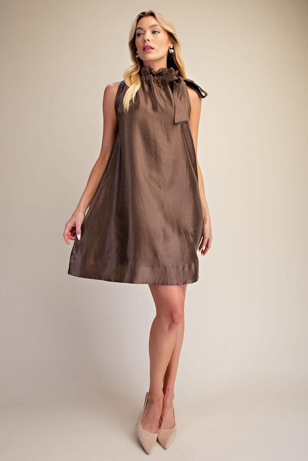 Mocha Ruffle Tie Neck Sleeveless Side Pocket Mini Dress