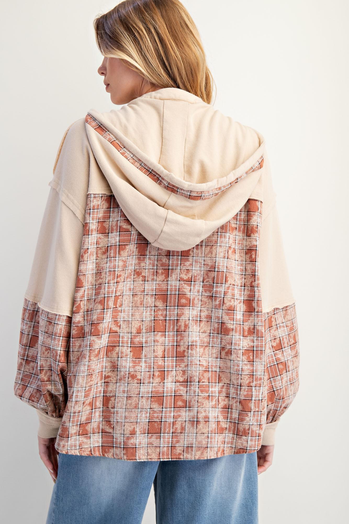 Beige Plaid Mix Henley Hoodie Pullover