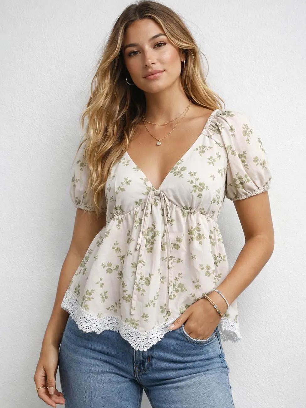 Ladies Floral Print Babydoll V-Neck Lace Trim Short Sleeves Top