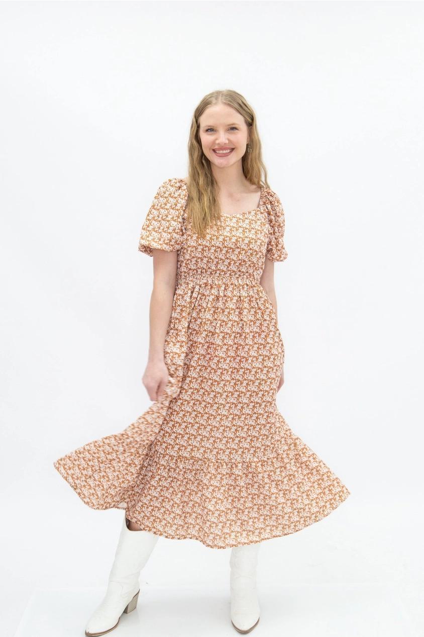 Rust Floral Puff Sleeve Midi Dress