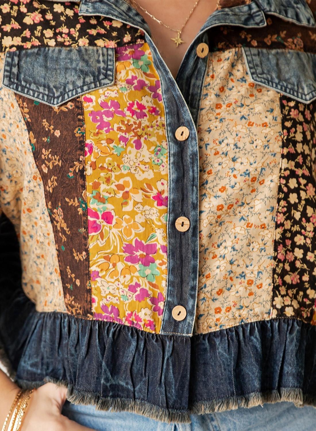 Distressed Denim Crop Jacket With Ruffled Hem