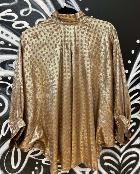 Mocha Polka Dot Wide Puff Sleeve Buttondown Top