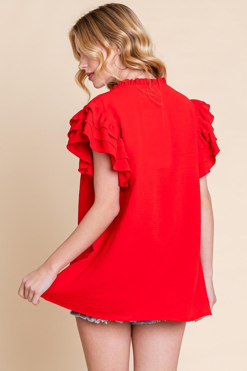 Red Airflow Ruffle Sleeve Blouse