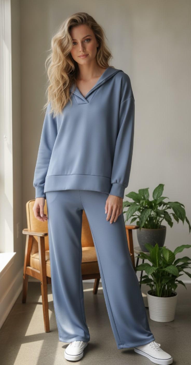 Navy Soft Cupro Pullover And Wide Leg Pants Set