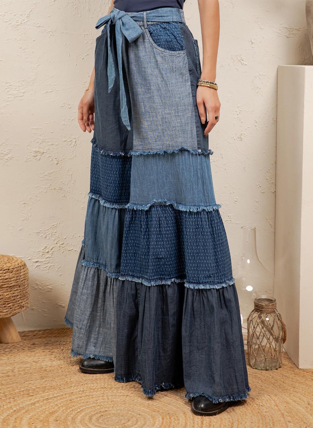 Boho Mixed-wash Multi-tier Denim Tie-waist Bell-bottom Pant