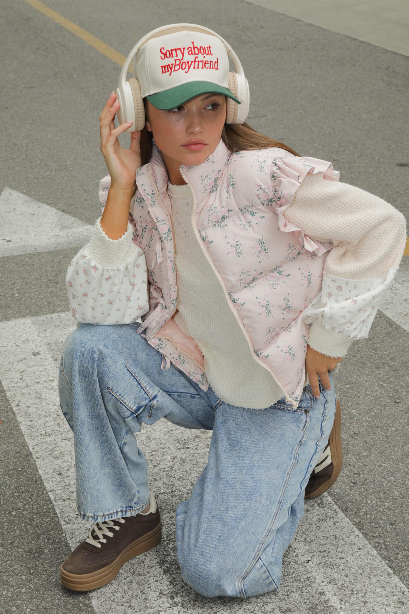 Pink Floral Bow Ruffle Sleeve Puffer Vest