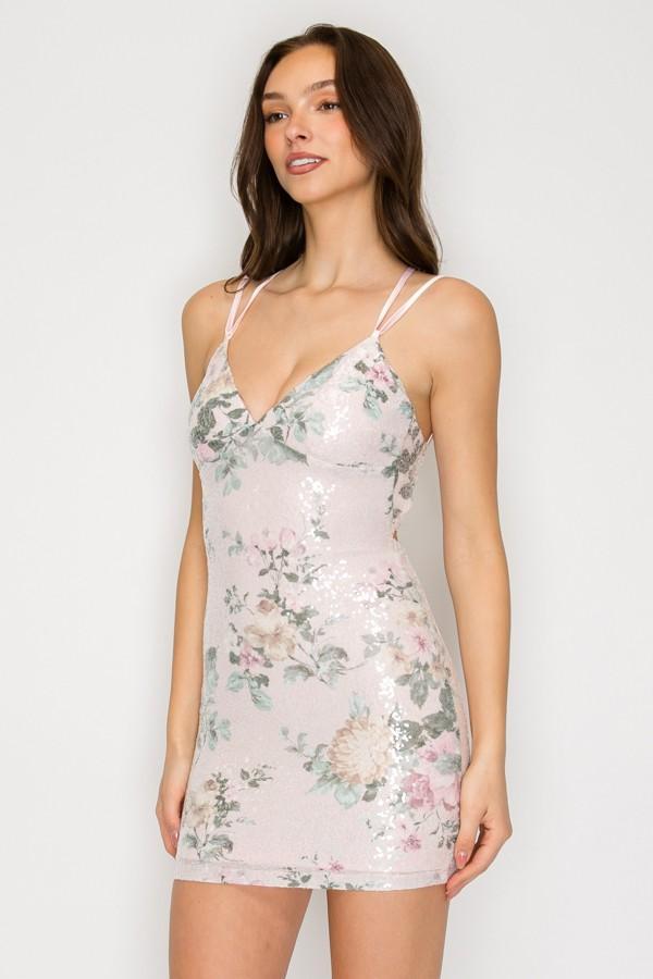Blush Floral Sequin Crossed Back Mini Dress