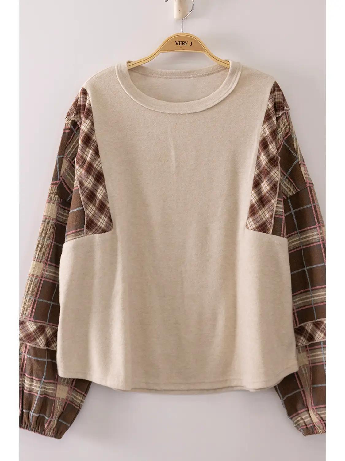PLUS Size Contrast Plaid Sleeve Top