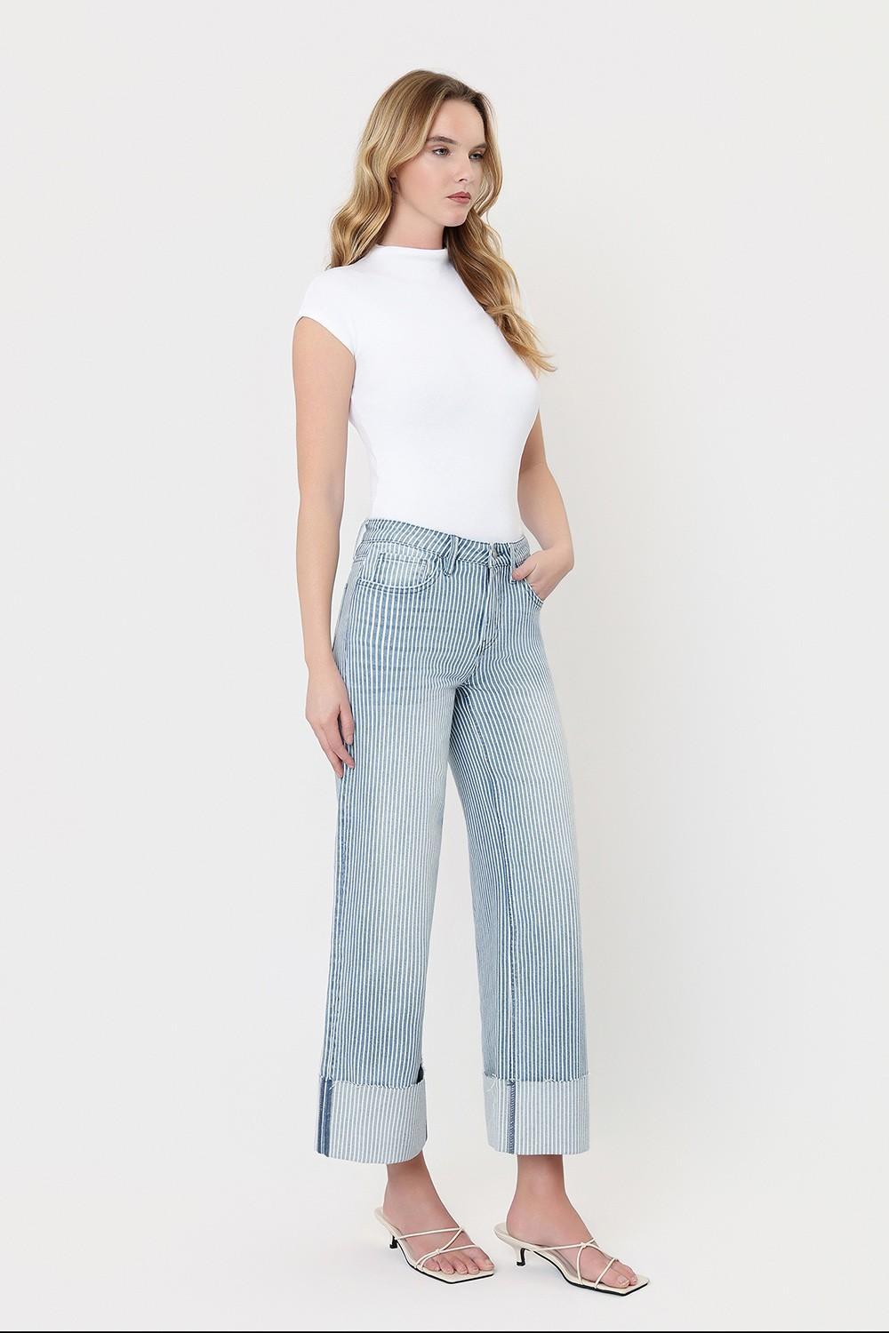 High Rise Cuffed Striped Crop Wide Jeans