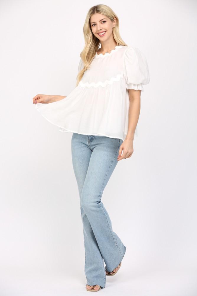 White Ric-Rac Trimmed Puffed Sleeves Top