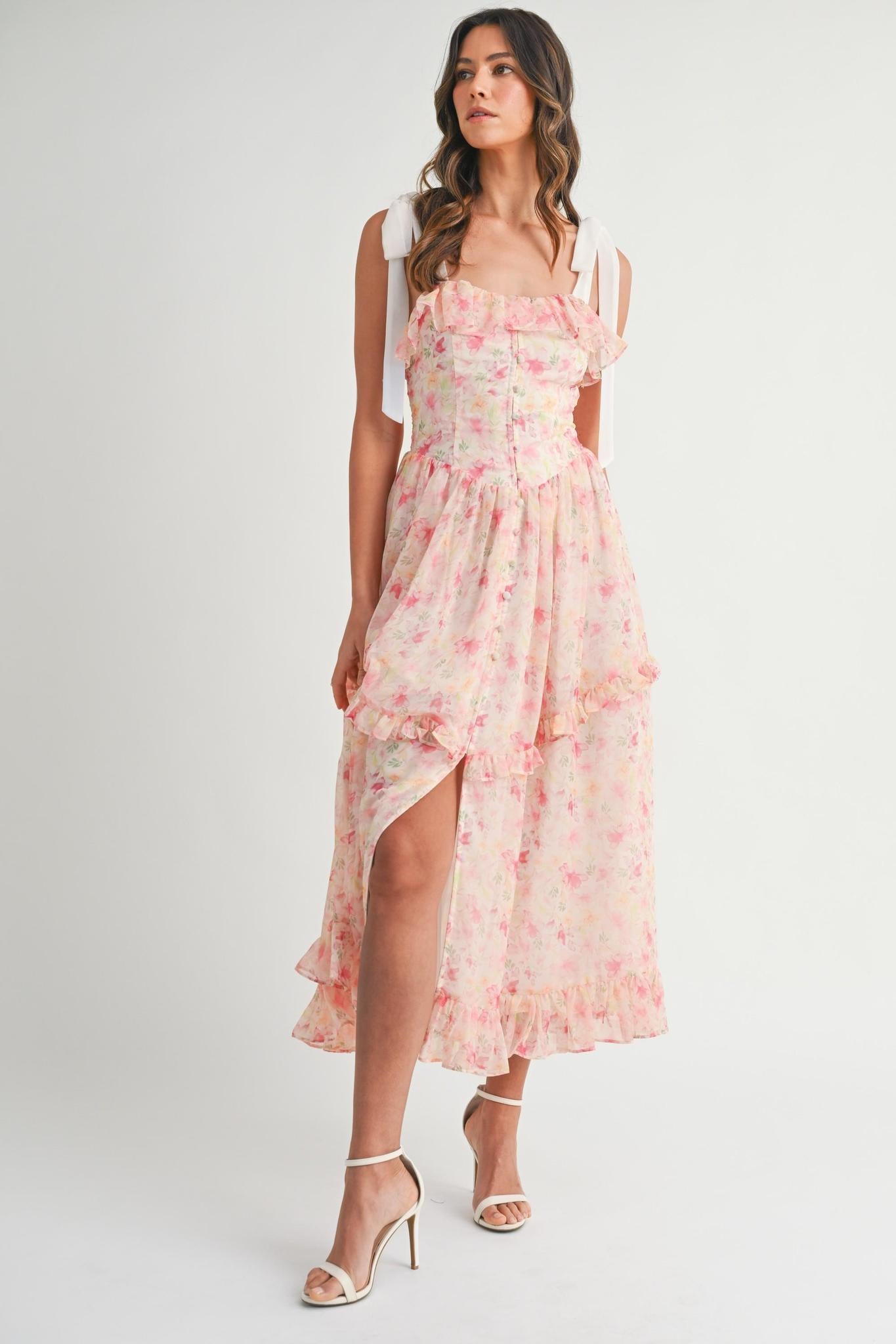 Pink Floral Printed Shoulder Strap Midi Dress