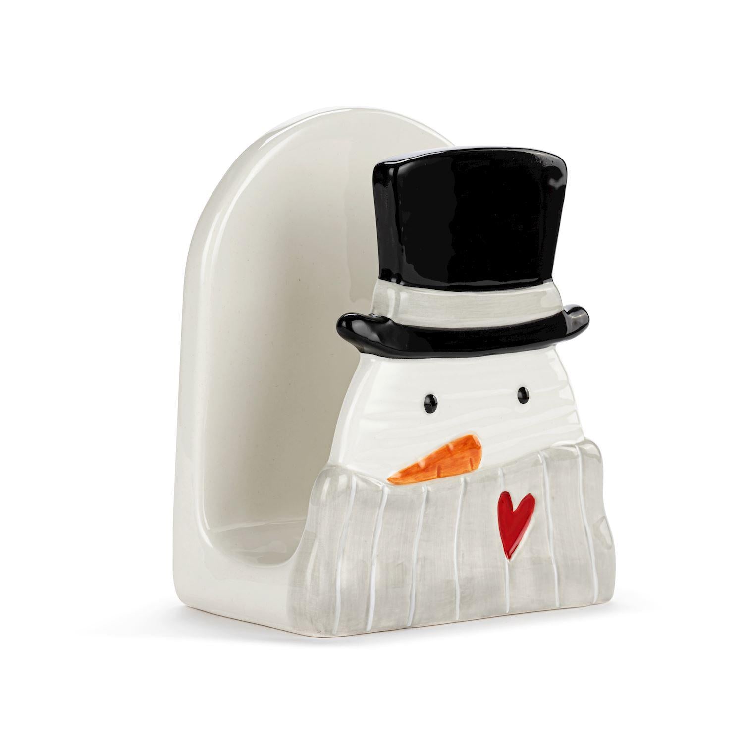 Snowman Red Heart Cream Ceramic Napkin Holder - 5x6in