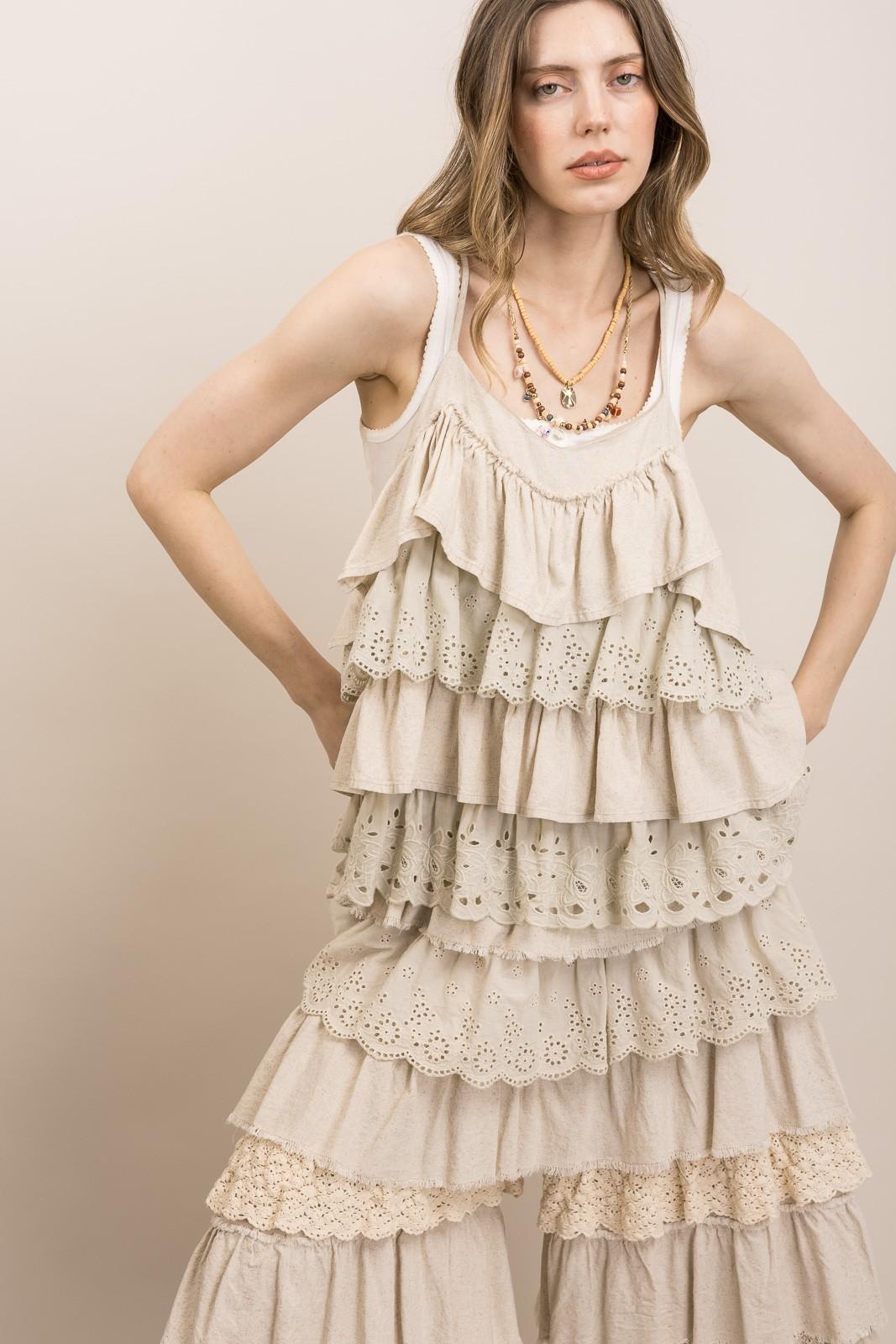 Taupe Lace Tiered Ruffle Tank Top