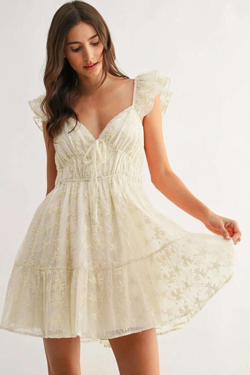 Chiffon Flutter Embroidered Sleeve Mini Dress - White