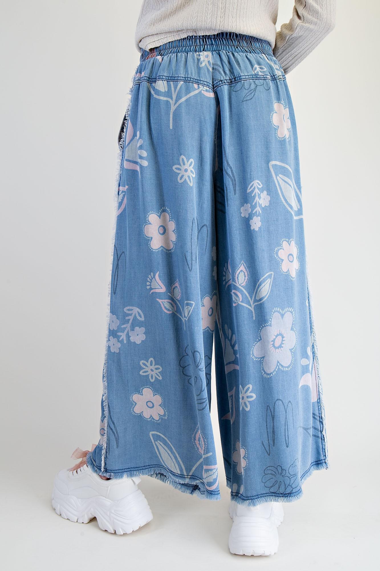 Floral Print Washed Chambray Pants