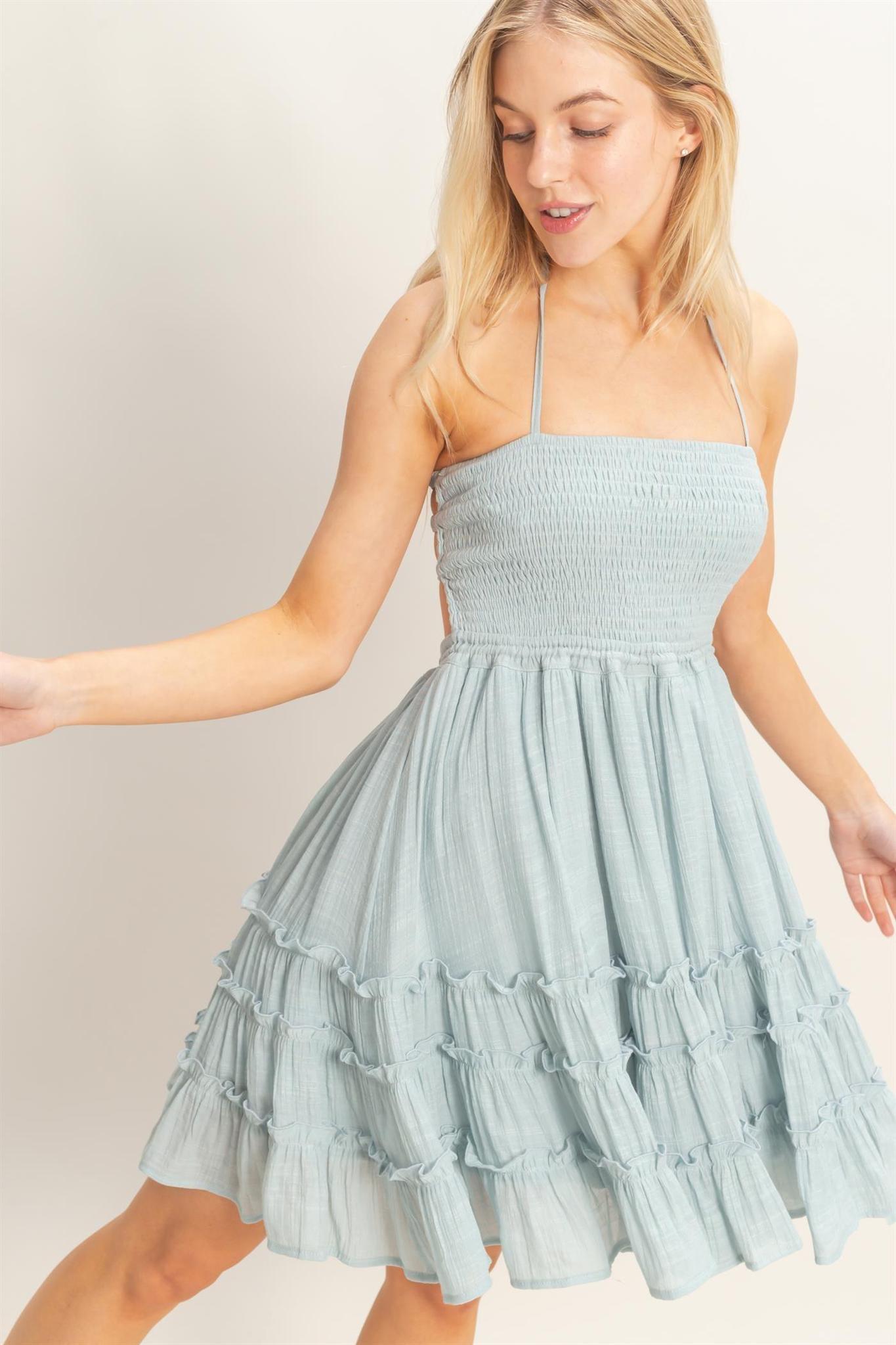 Muted Smocked Tiered Mini Dress