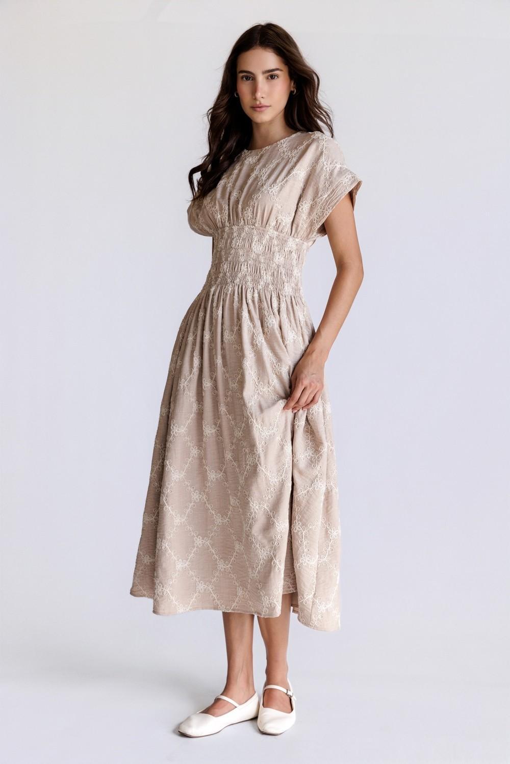 Beige/Ivory Embroidered Smocked Midi Dress