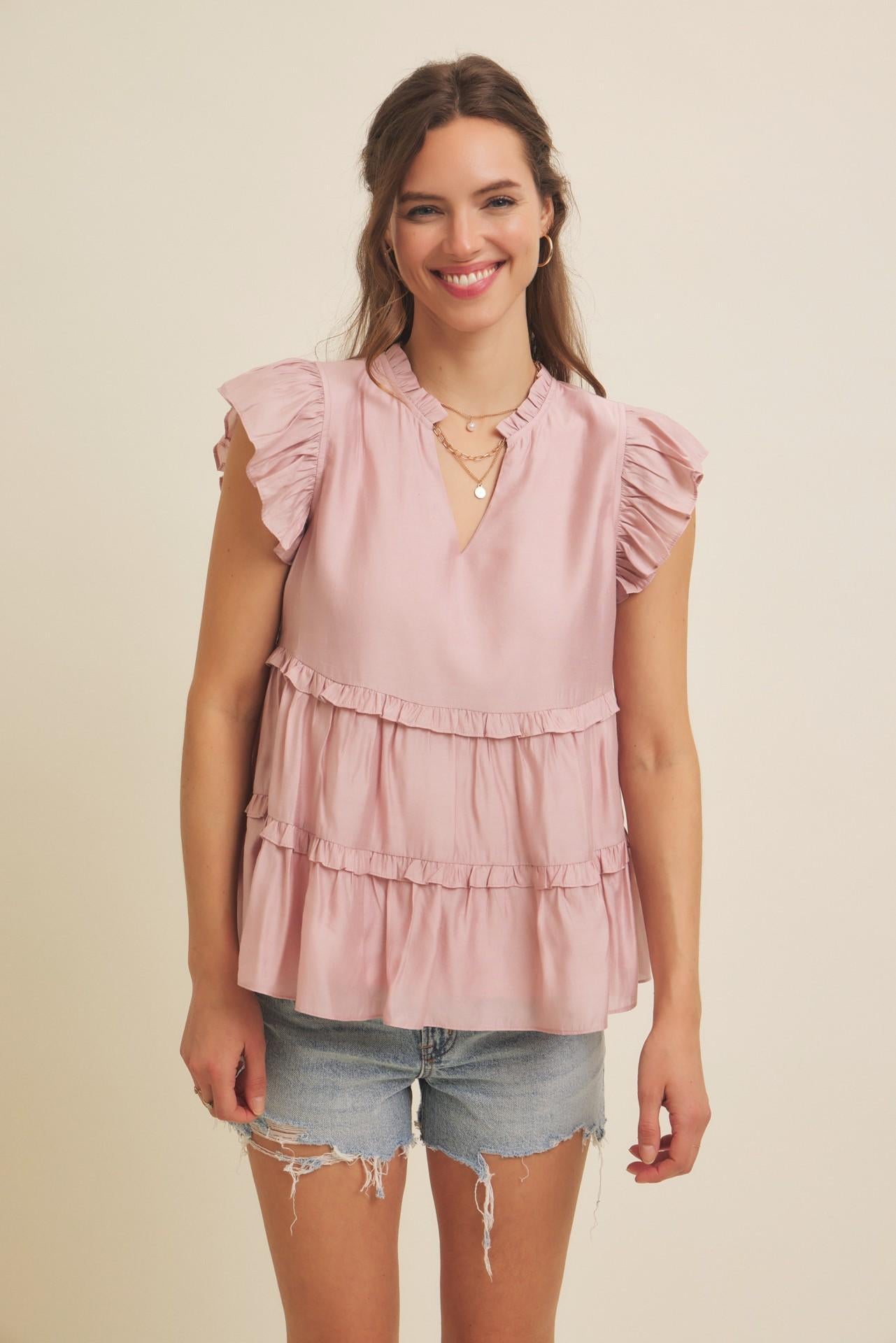 Dusty Rose Tiered Ruffle Flare Blouse With Ruffles