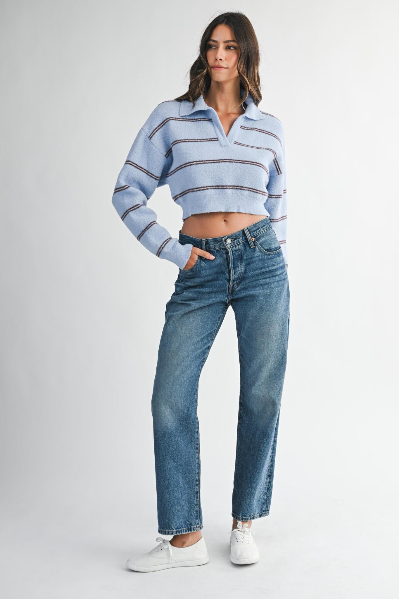 Collared Multi Color Stripe Cropped Knit Sweater