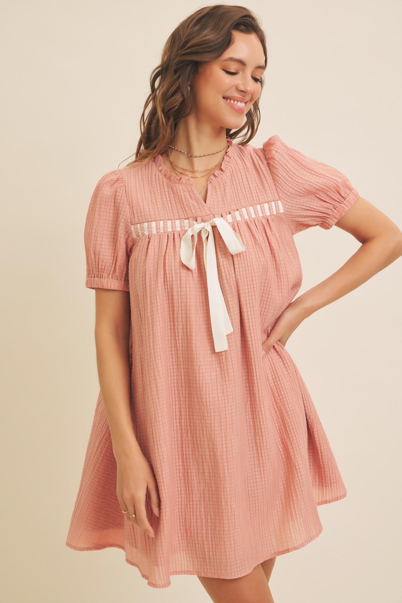 Textured Babydoll Mini Dress With Front Bow