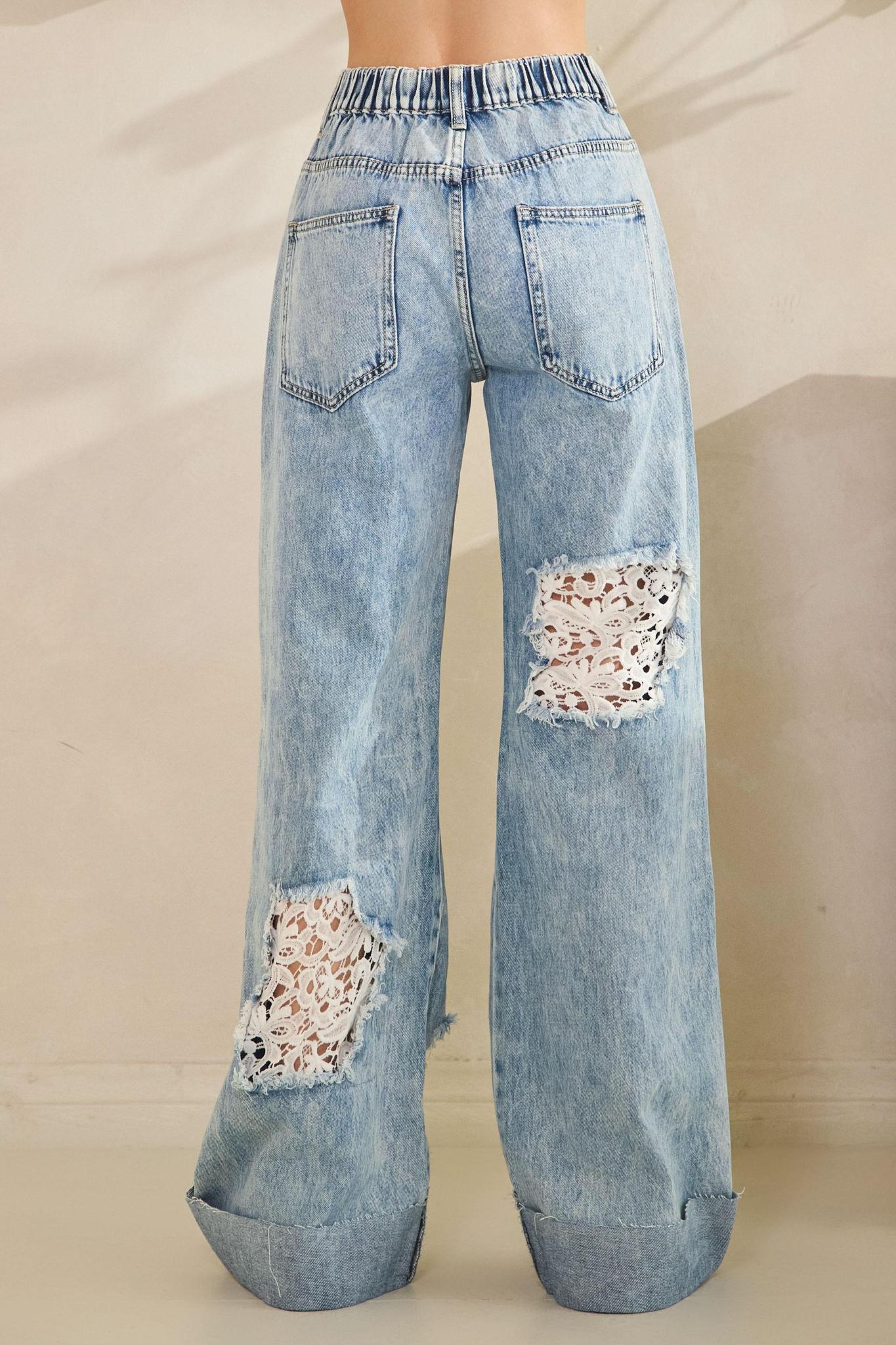 Washed Distressed Lace Insert Denim Jeans
