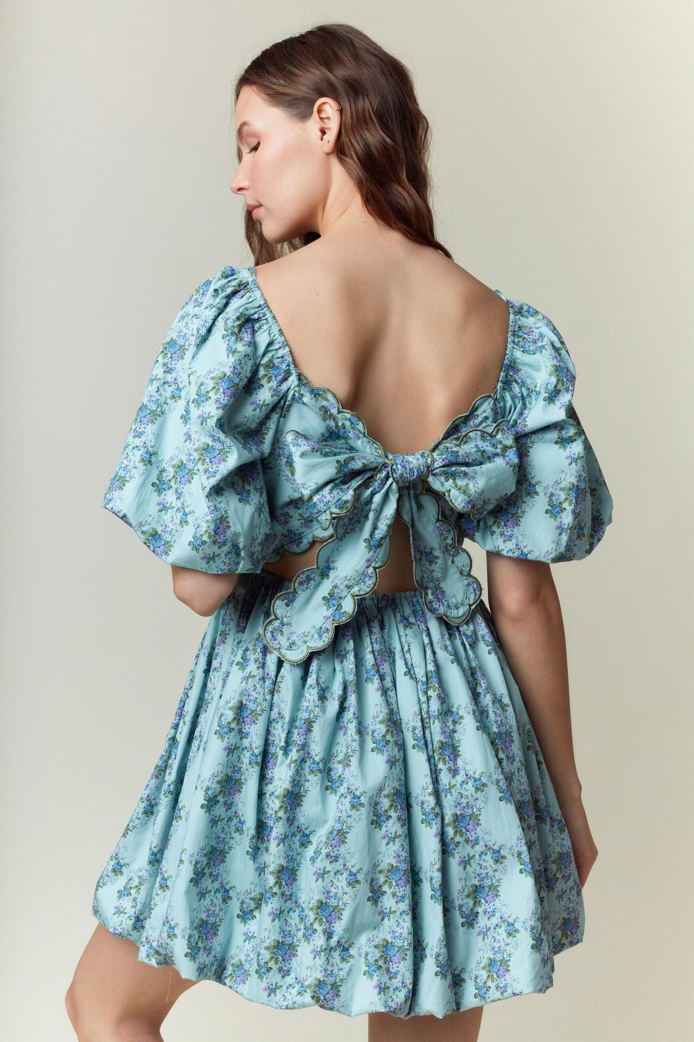 Emerald Floral Printed Scallop Embroidery Mini Dress