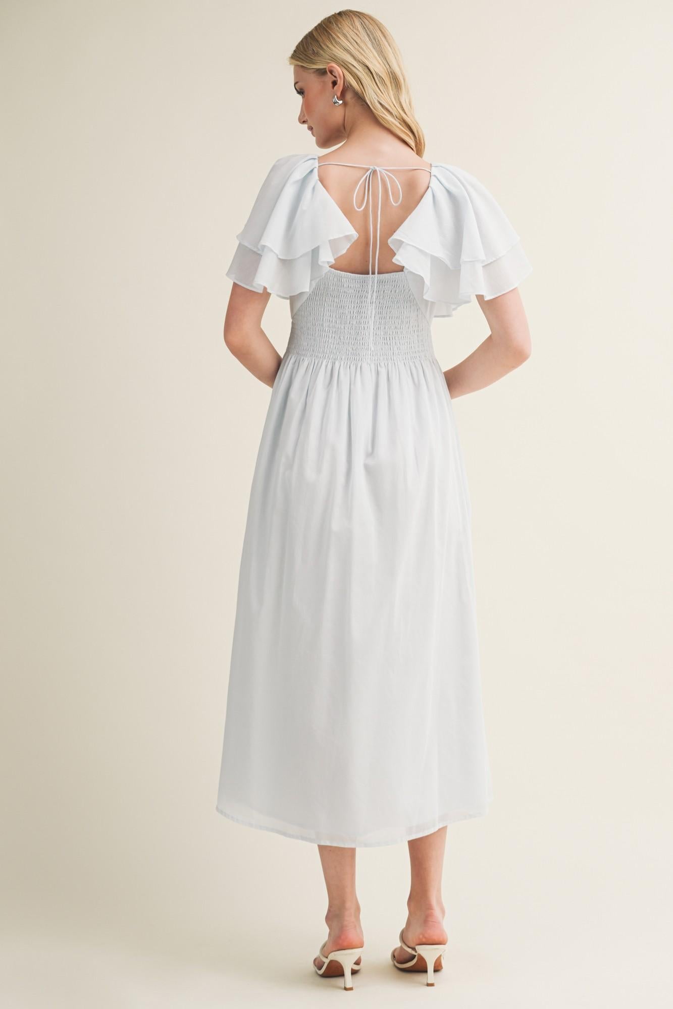 Mist Blue V-neck Ruffle-sleeve Midi Dress