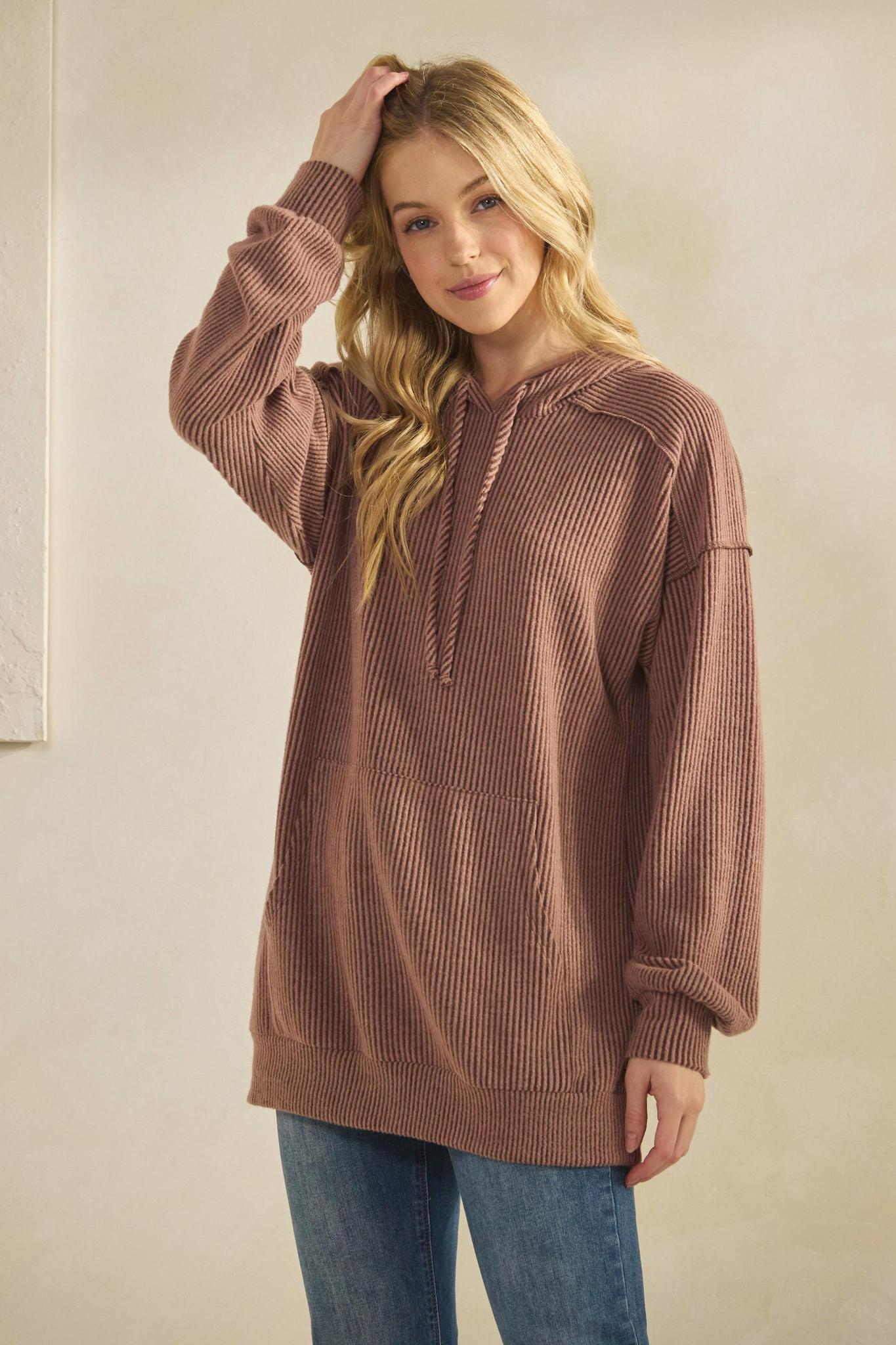 Red Brown Brushed Urban Rib Hoodie Top