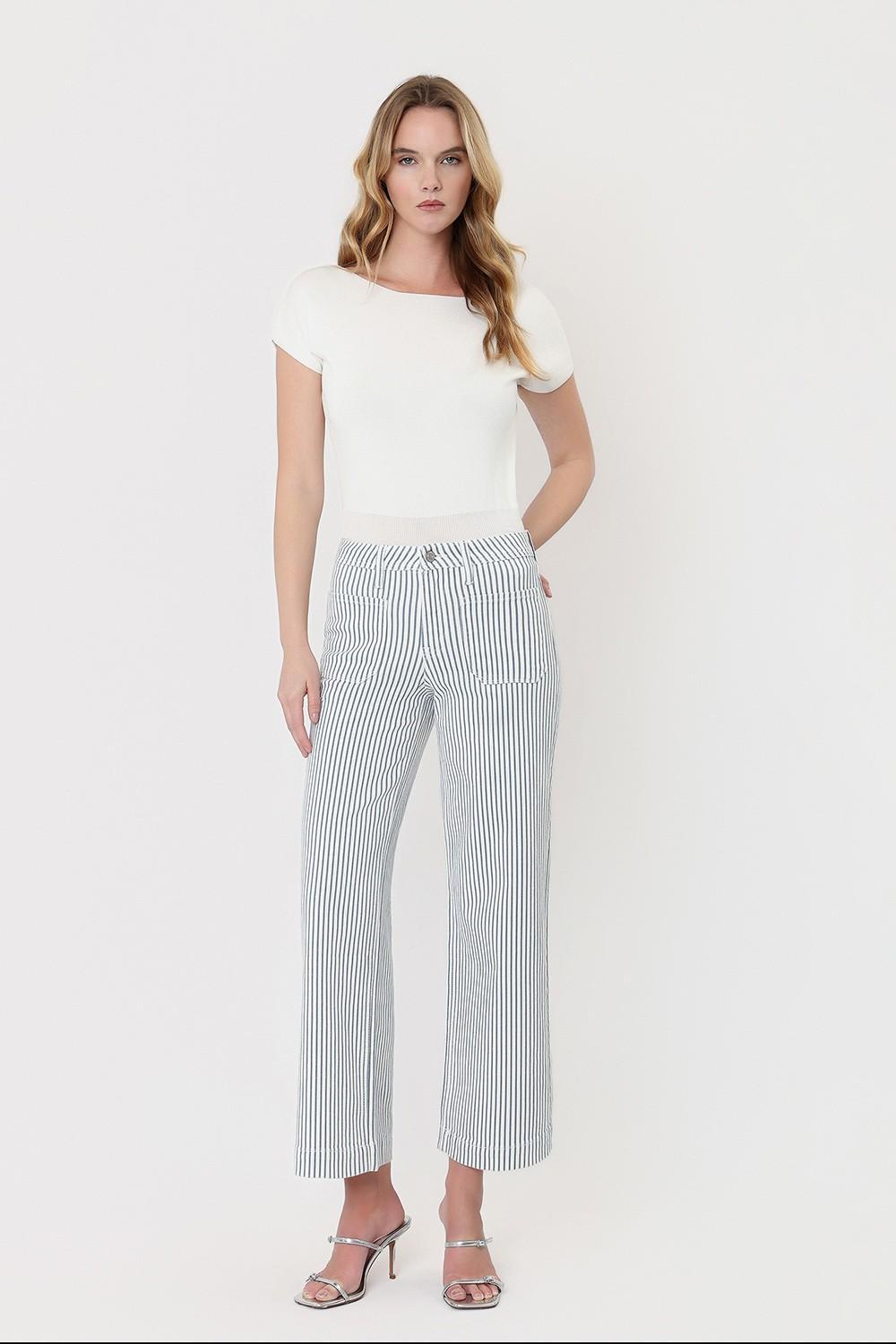 High Rise Patch Pocket Crop Striped Wide Leg Jeans