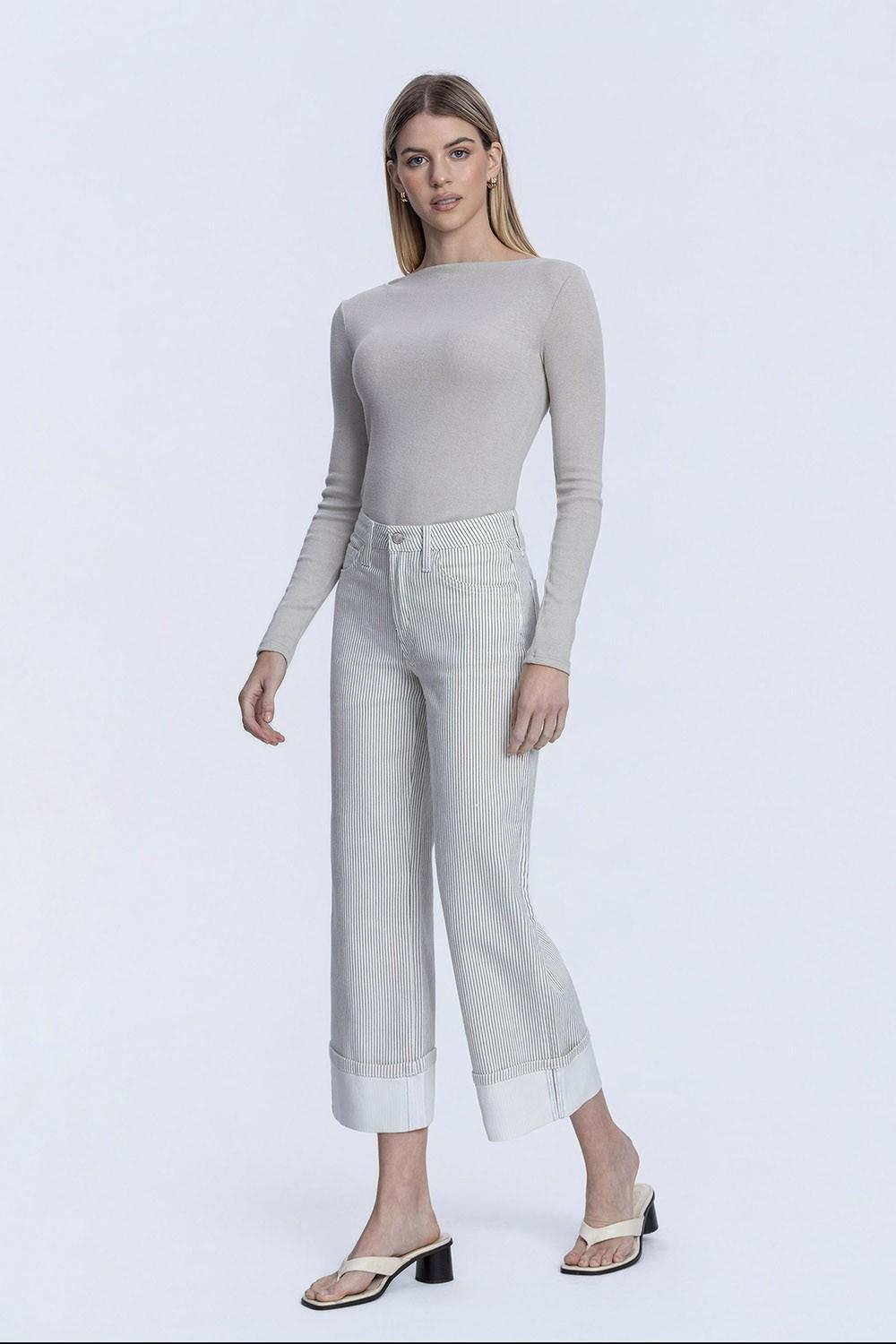 High Rise Stripe Print Cuffed Crop Wide Jeans