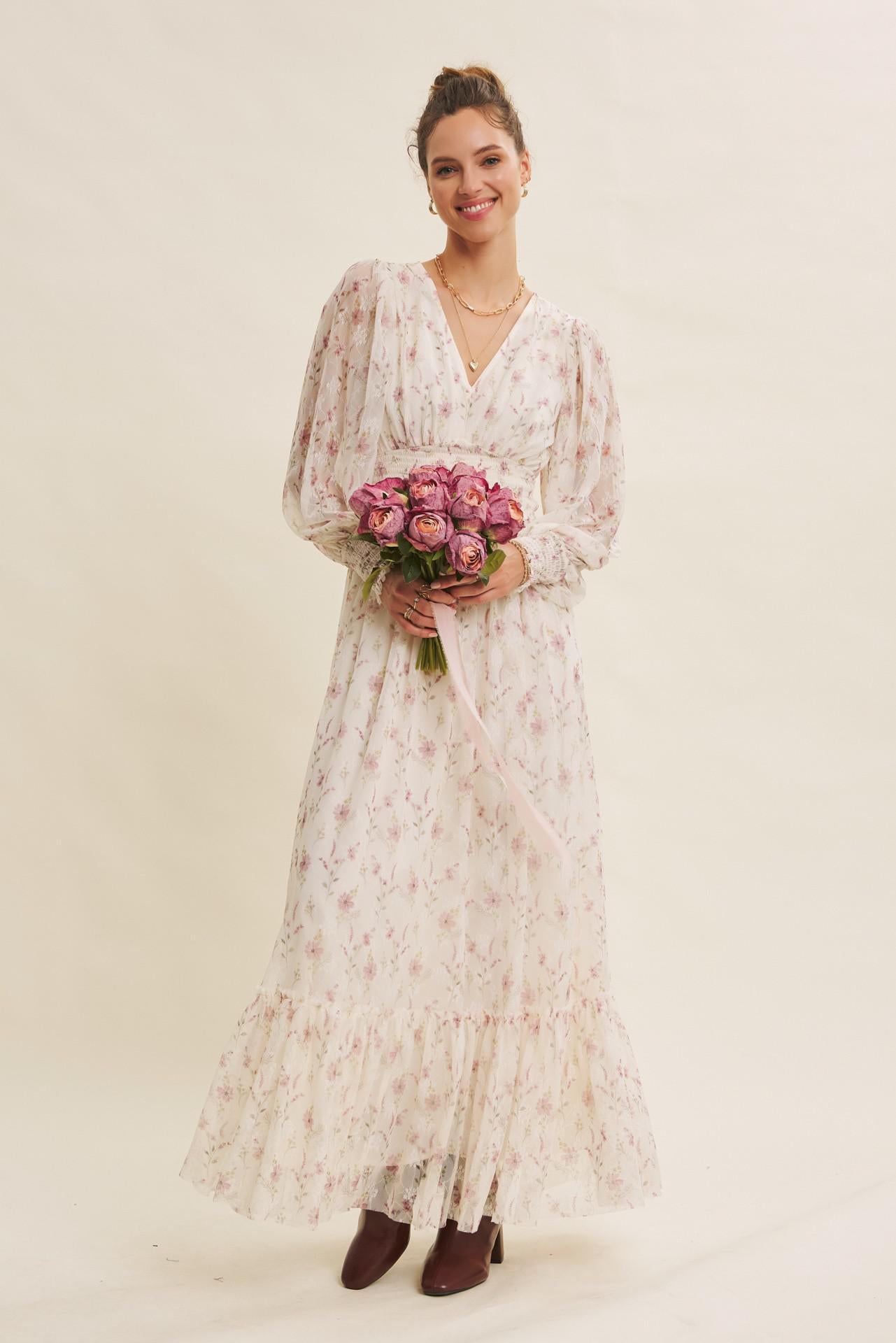 Dreamy Floral Mesh Maxi Dress With Smocked Waist