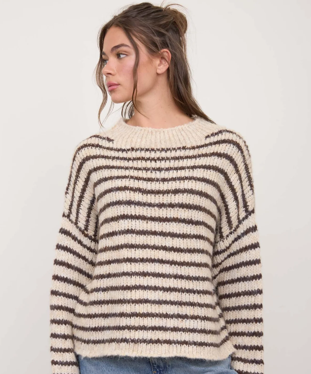 STRIPE ROLLED - EDGE DETAIL LONG SLEEVE KNIT SWEATER - Ivory