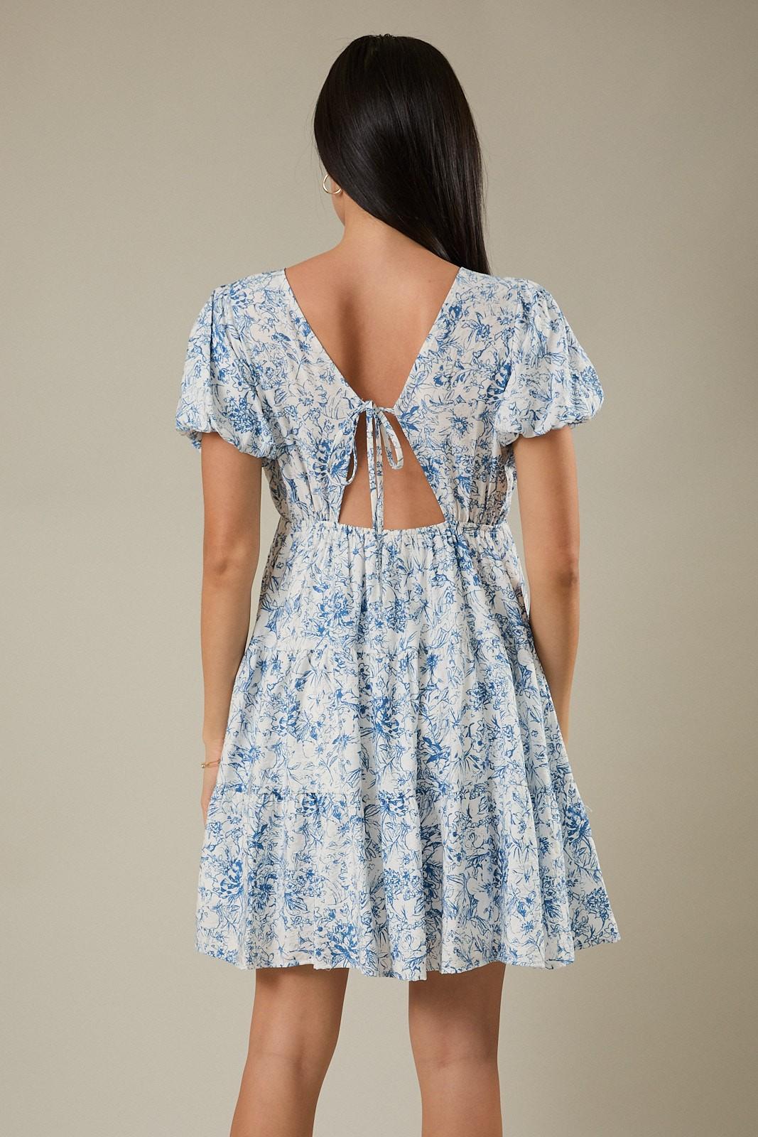V-Neck Bubble Cut Out Back Floral Print Dress