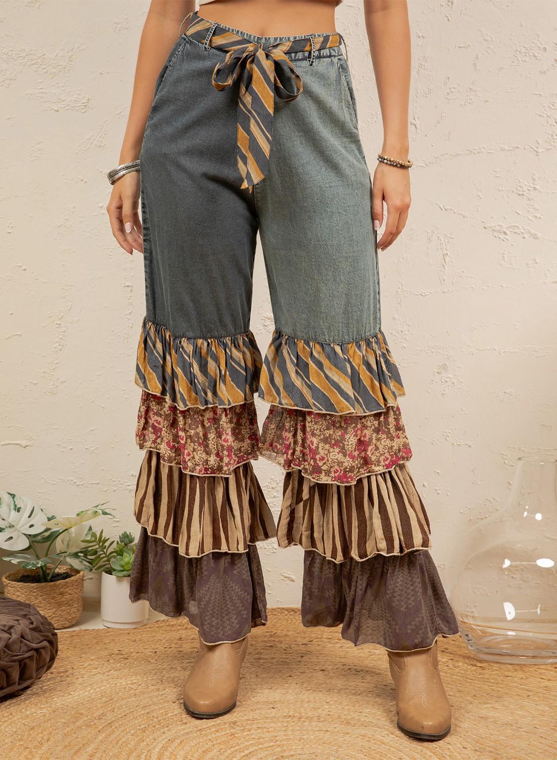 Mixed Print Denim Patchwork Ruffle Flare Pants With Belt New