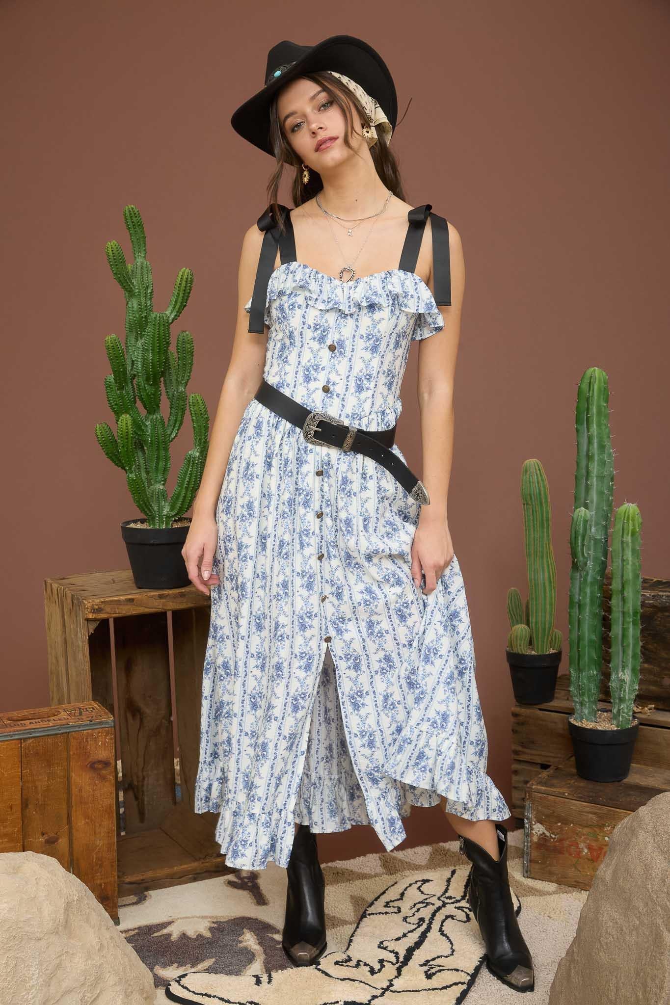Blue Floral Striped Ruffle Midi Dress