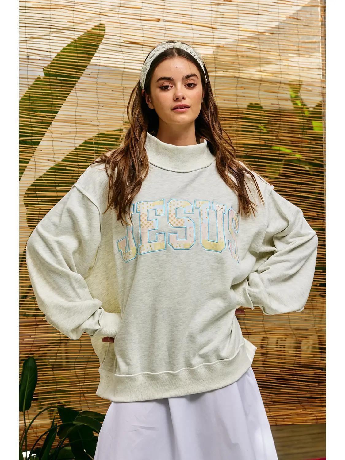 Patchwork Embroidered "Jesus" Sweatshirt