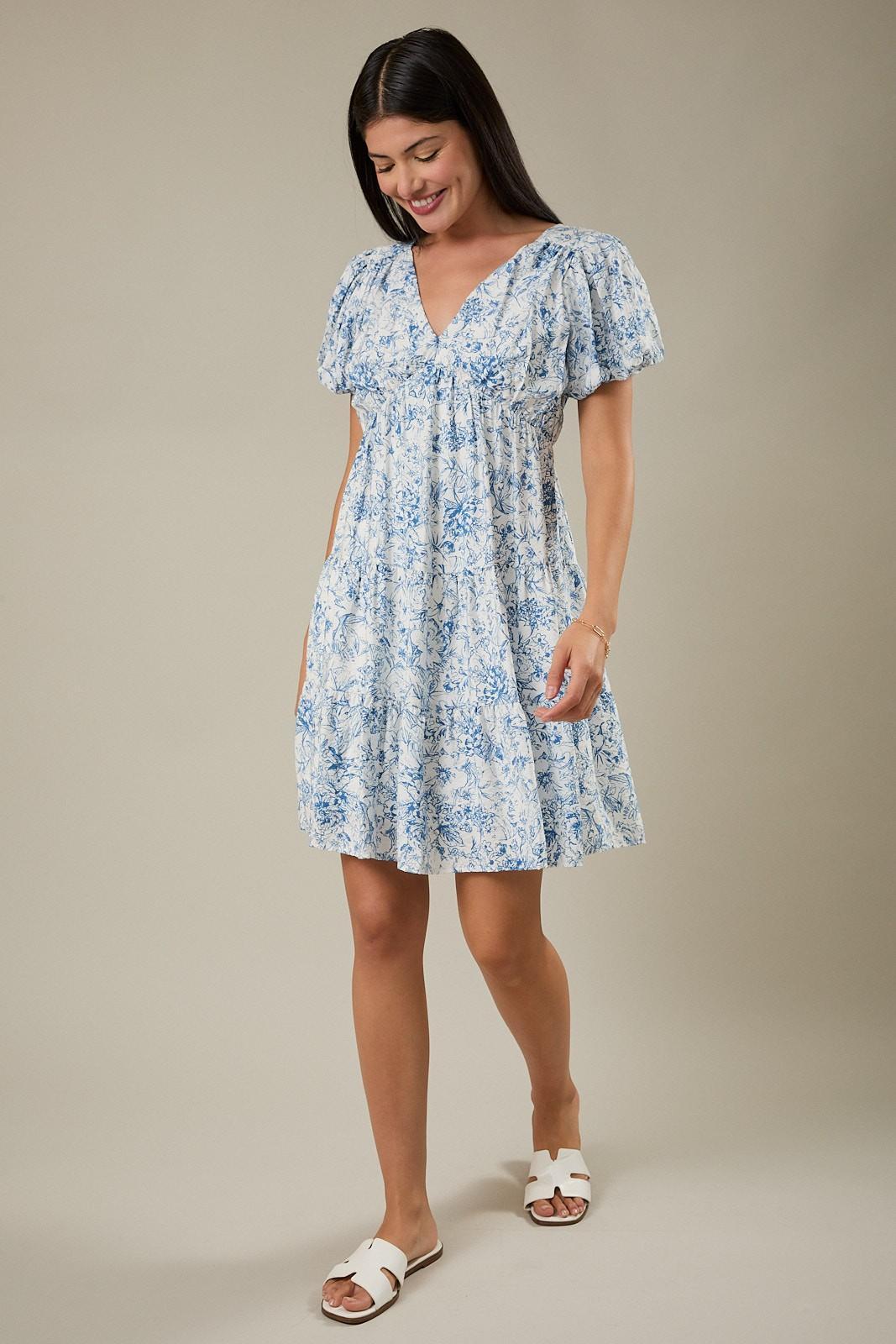 V-Neck Bubble Cut Out Back Floral Print Dress