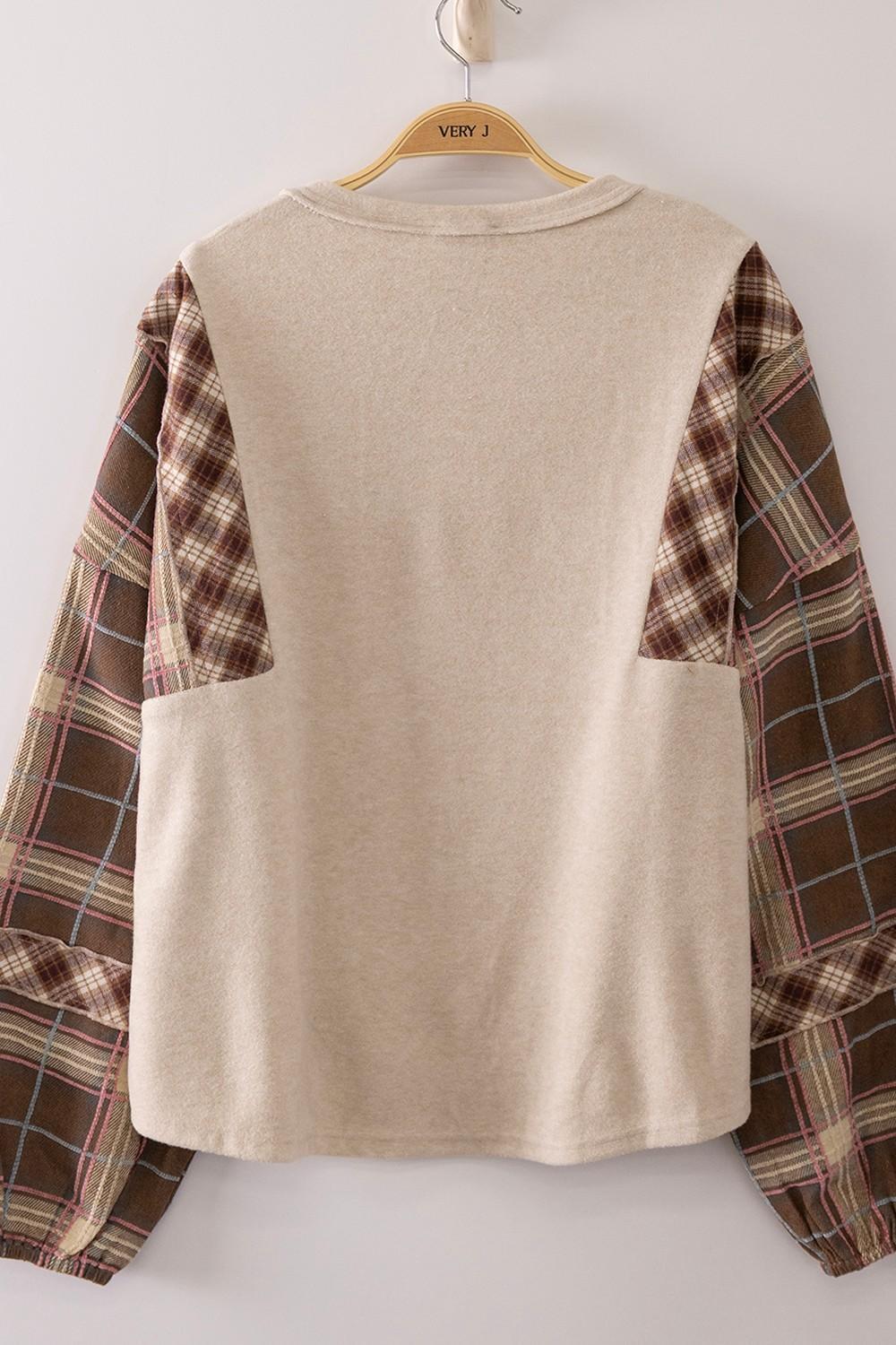 Oatmeal Contrast Plaid Sleeve Top