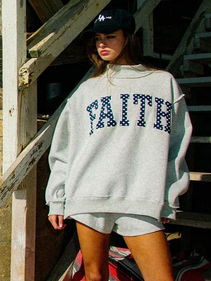 "Faith" Embroidered Polka-Dot Mock Neck Sweatshirt