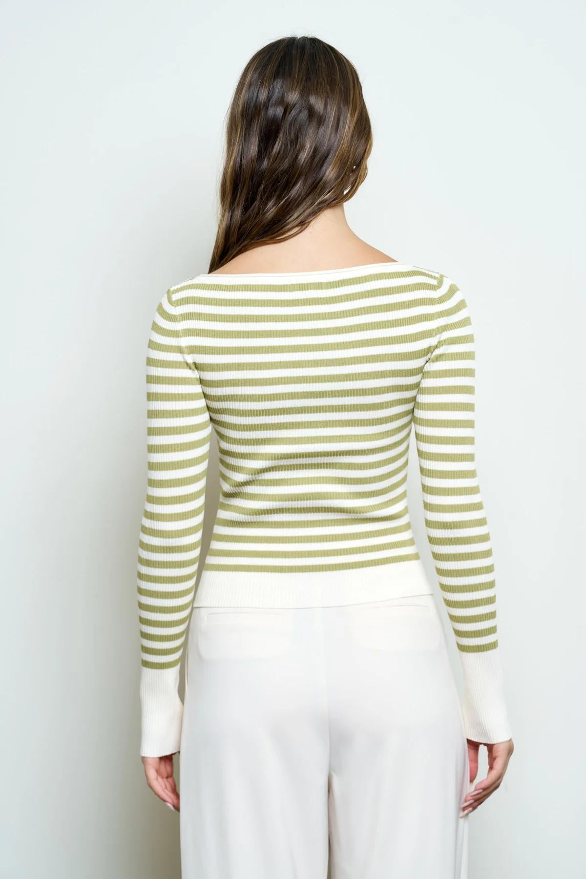 LIOGHT OLIVE BOAT NECK STRIPE RIBBED LONG SLEEVE SWEATER TOP
