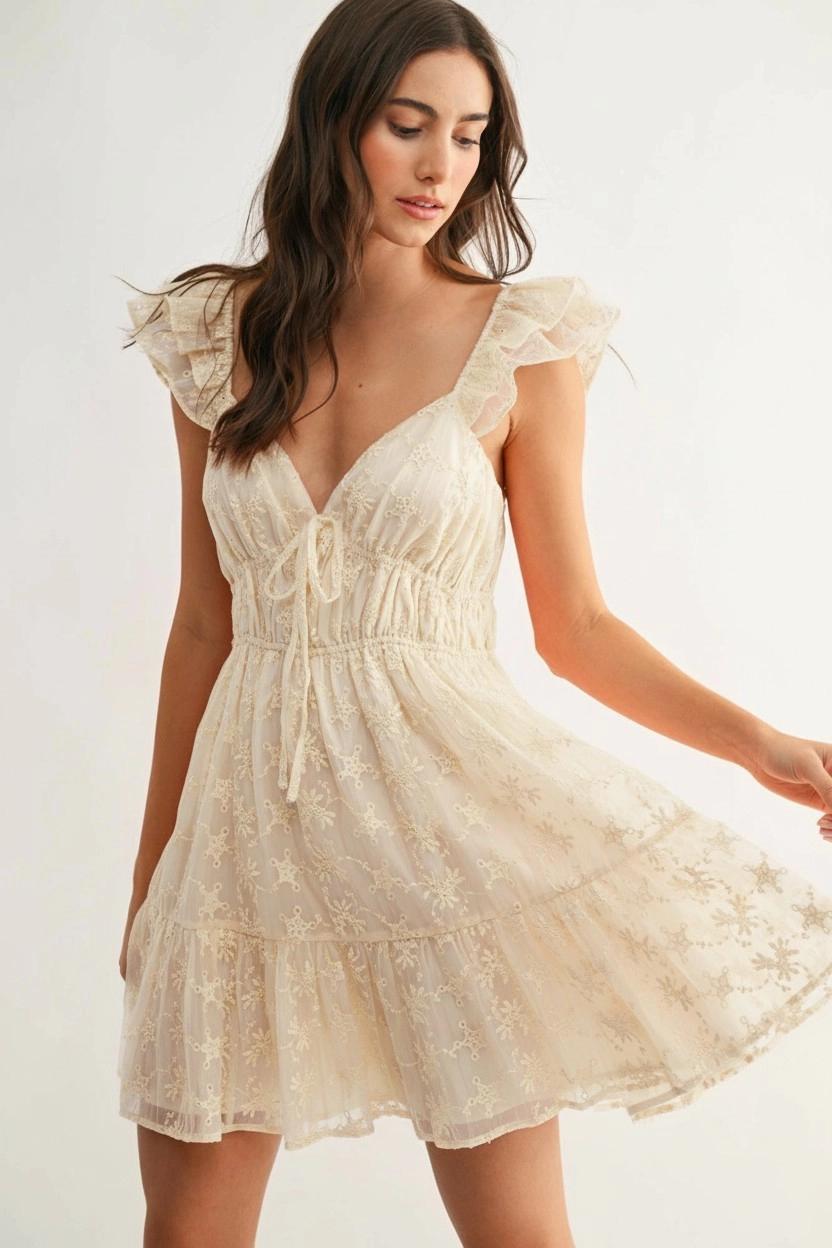 Chiffon Flutter Embroidered Sleeve Mini Dress - White