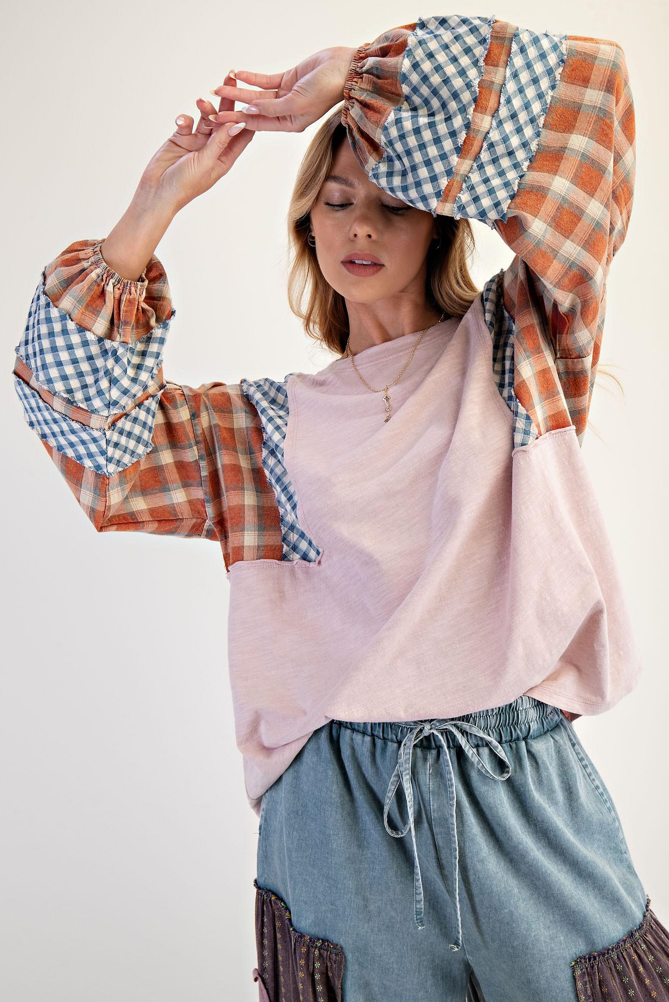 Rose Plaid Mix Cotton Knit Top