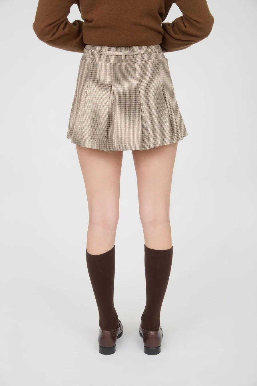 TAUPE PLAID WAIST TIE DETAIL PLEATED MINI SKIRT
