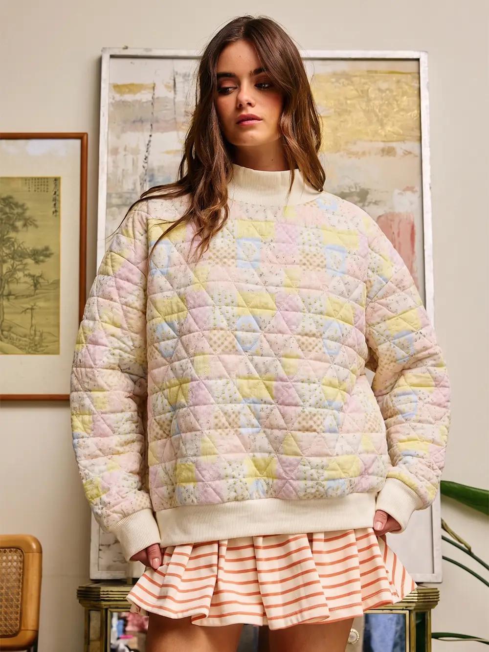 Quilted Pastel Patchwork Mock Neck Pullover