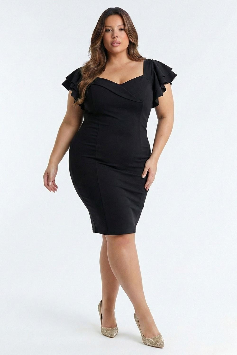 Black Queen Anne Neckline Plus Size Mini Dress