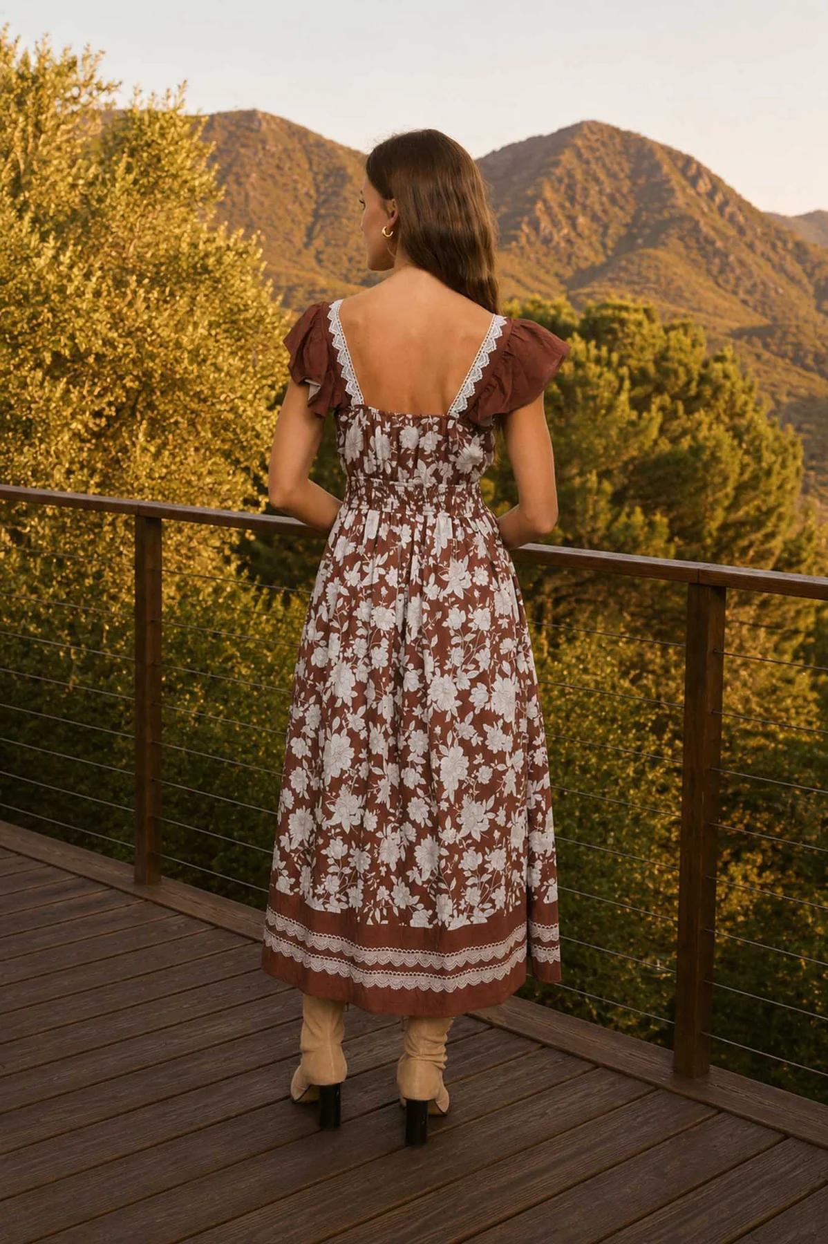 BROWN FLORAL BORDER DETAIL SMOCKED WAIST MIDI DRESS