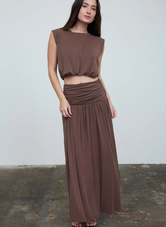 BROWN WIDE GATHERED WAISTBAND KNIT MAXI SKIRT