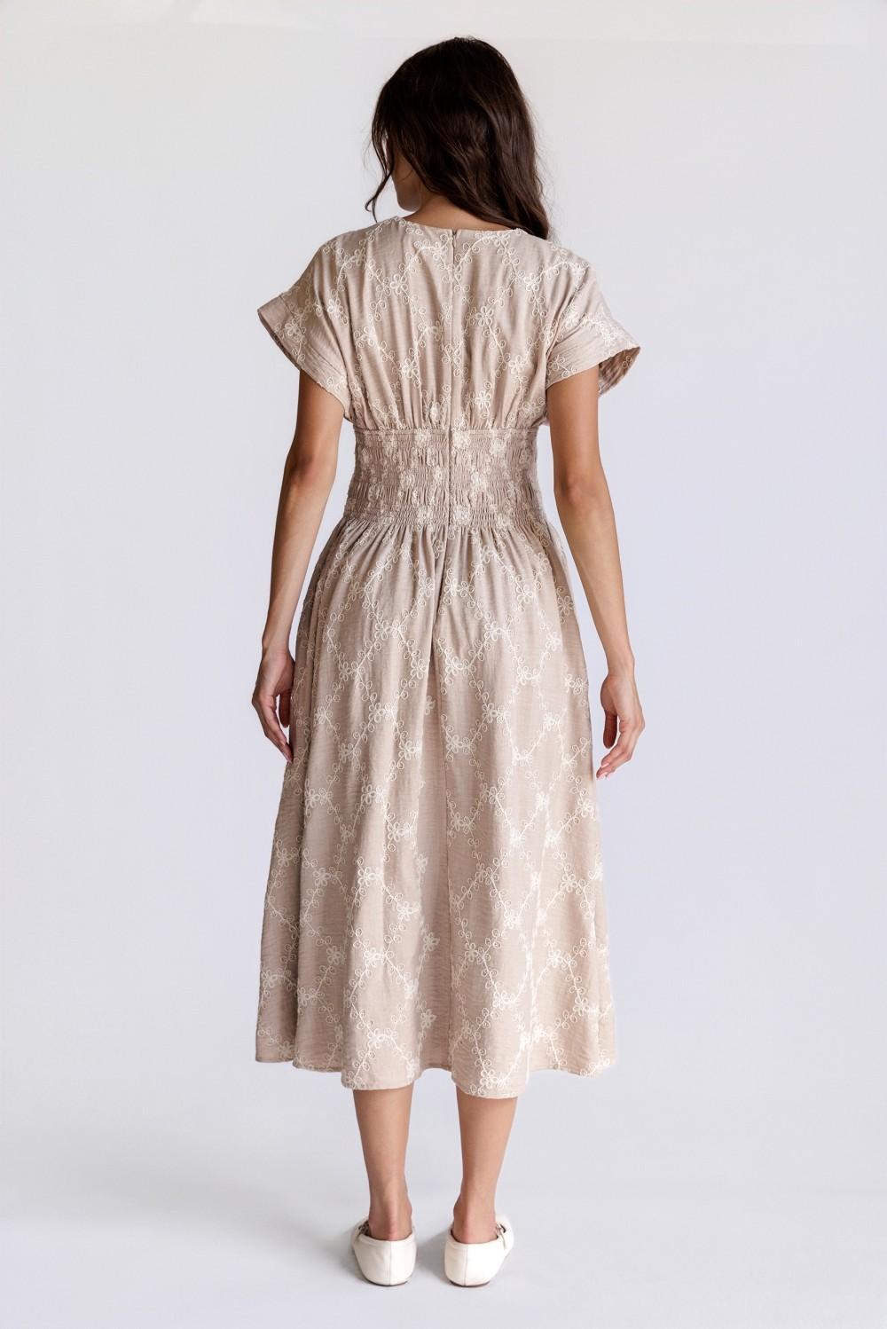 Beige/Ivory Embroidered Smocked Midi Dress
